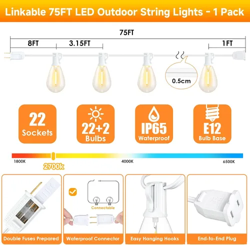 Miniatura 4 de Larkvue Tira de luces LED S11 de 75 pies para exteriores, luz regulable para patio, con 22+2 bombillas Edison de 2700 K impermeables, inastillables