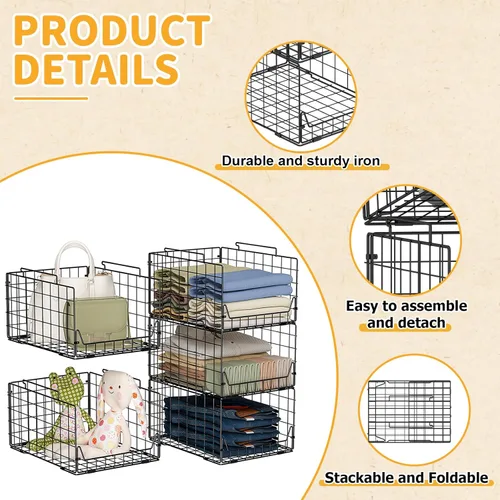Miniatura 9 de Jakyitvi Estante organizador de armario apilable de 5 niveles – Contenedores de almacenamiento de metal plegables para ropa, suéteres y toallas