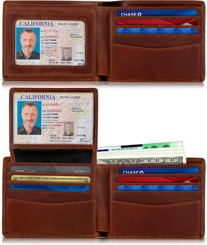 Miniatura 17 de SERMAN BRANDS Billetera de piel con 2 ventanas de identificación para hombre, con bloqueo RFID, doble tapa superior, billetera de viaje de capacidad