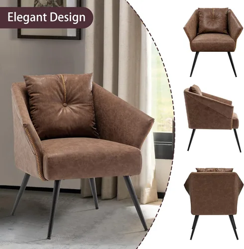 Miniatura 5 de Alunaune Silla decorativa moderna color marrón con otomana, silla individual tapizada de piel sintética para sala de estar, cómoda de mediados