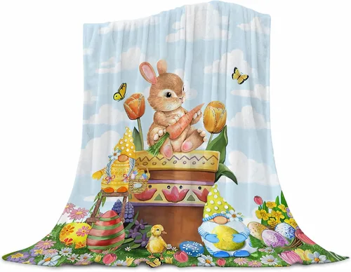 Miniatura 9 de Manta de Pascua para niños, cálida manta de vellón de felpa de franela, manta de cama con cola de conejo, huevos de Pascua, conejo, flores
