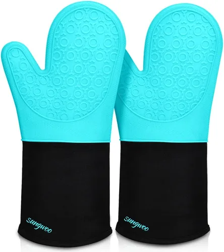 Miniatura 11 de sungwoo Guantes de horno de silicona extralargos, resistentes al calor, con forro acolchado, agarre texturizado antideslizante, perfectos para Verde