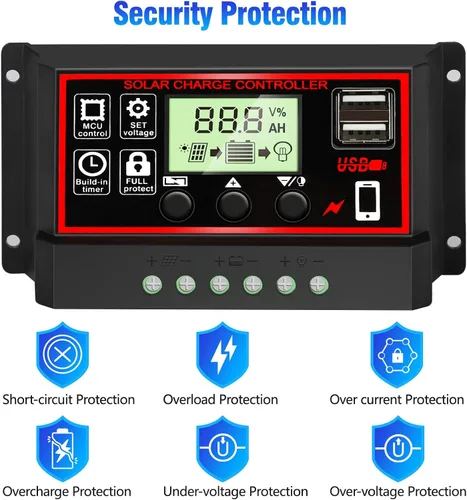 Miniatura 6 de Controlador de carga solar MPPT de 30 A, regulador de panel solar de seguimiento automático de 12 V/24 V con pantalla LCD, puerto USB dual, modos