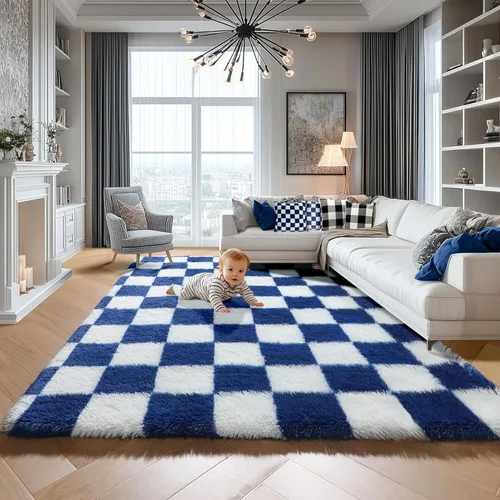 Miniatura 22 de KICMOR - Tapete a cuadros afelpado, peludo, mullido, color beige y blanco crema, pequeño, de 2 x 3 pies, para dormitorio, sala, junto a la cama