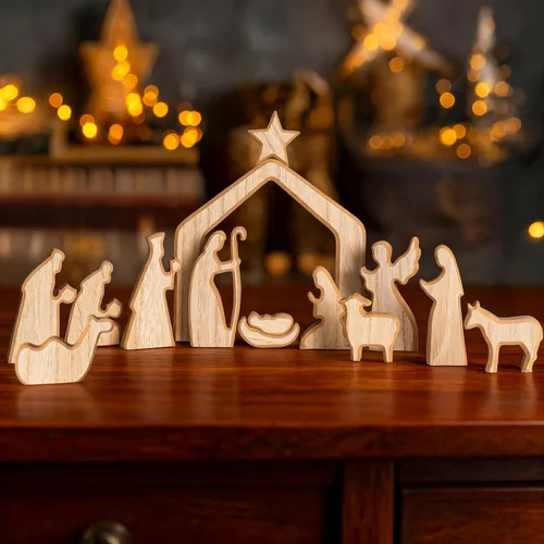NEROSUN - Juego de escenas de la Natividad, 13 figuras de madera en miniatura de la Sagrada Familia y el pesebre, figuras minimalistas, bohemias, de