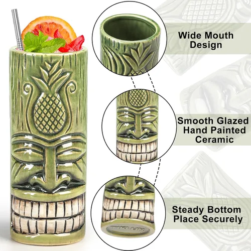 Miniatura 5 de SuproBarware Tiki - Juego de 2 tazas de cerámica para fiestas con pajitas, juego de tazas creativas grandes hawaianas grandes para bar