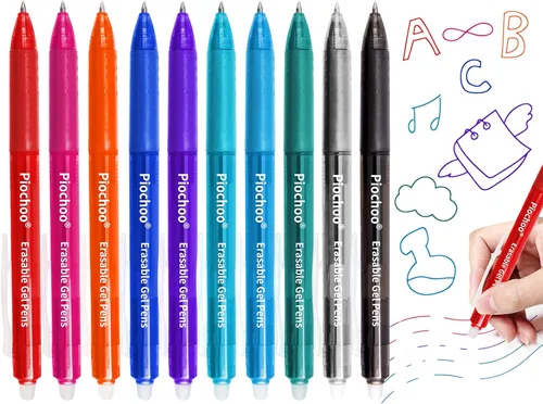 Piochoo Bolígrafos borrables, 10 bolígrafos retráctiles de tinta de gel de colores surtidos, bolígrafos de punta fina de 0.028 in, bolígrafos