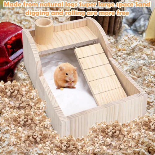 Miniatura 3 de PINVNBY Caja de baño de arena para hámster de madera con escalera de escalada, habitación de ducha, arena para excavar, contenedor de bañera