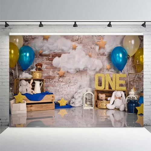 Miniatura 7 de MEHOFOTO - Telón de fondo para estudio fotográfico de un cumpleaños, globos y estrellas de nube, decoración retro para fiesta de primer cumpleaños