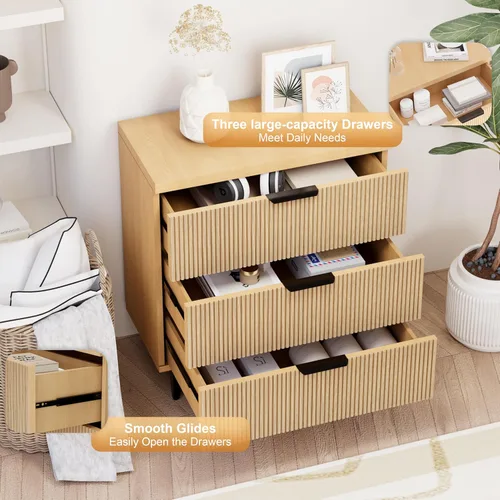Miniatura 35 de Royal Windsor Mesita de noche acanalada con 3 cajones, mesa auxiliar lateral, armario de almacenamiento de acento, mesita de noche moderna