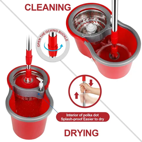 Miniatura 5 de Juego de cubos de fregona para limpieza de suelos con escurridor giratorio de 360°, agua sucia separada con 3 cabezales de fregona de microfibra