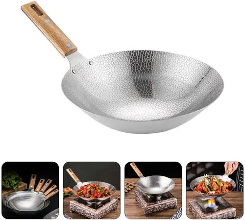Miniatura 4 de Luxshiny Wok de acero inoxidable de 13.38 pulgadas con mango de madera, sartén de cocina para el hogar para freír vapor y olla caliente utensilios