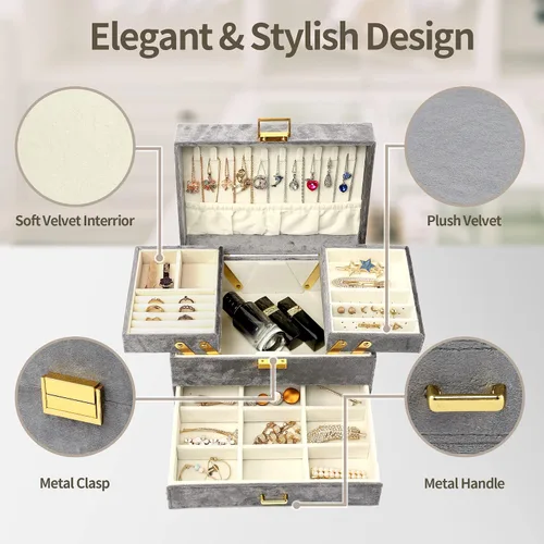 Miniatura 2 de Dajasan Velvet Jewelry Boxes Women Jewelry Organizer Box 3- Layer Large Jewelry Storage Case for Birthday Mothers Day Valentines Day Grey