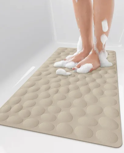 Miniatura 15 de Bligli Tapete para bañera antideslizante, estándar de 16 x 31.5 pulgadas, con ventosas fuertes, goma suave, antideslizante, lavable a máquina, Beige