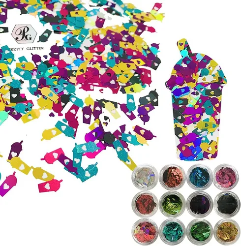 Juego de 12 colores – Lentejuelas en forma de taza de café con purpurina holográfica – Festival Rave Belleza Maquillaje Cara Cuerpo Uñas Decoración