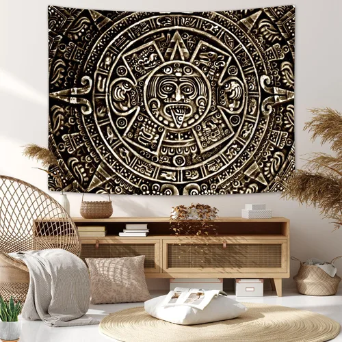 Miniatura 3 de Tapiz maya azteca para colgar en la pared, vista cercana de la historia del antiguo calendario azteca de la civilización maya, decoración artística