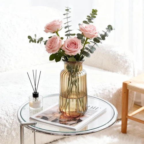 Miniatura 3 de Jarrón de cristal ámbar, florero acanalado de 8.7 pulgadas de alto para ramo, centro de mesa, decoración de mesa de comedor, jarrones transparentes