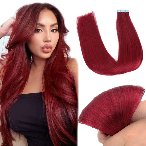 Extensiones de cabello humano con cinta, color borgoña #99J, sin costuras, trama de piel, invisible, color rojo vino, extensiones de cabello lacio