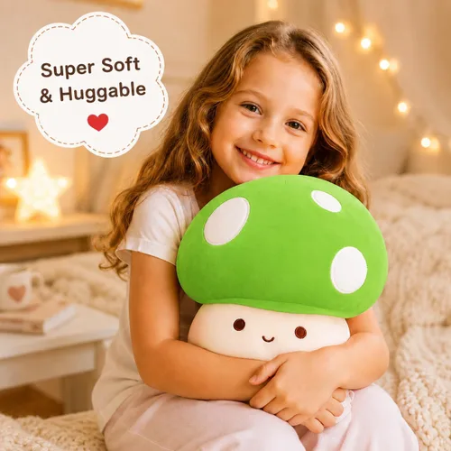 Miniatura 8 de Almohada de felpa de hongos verdes de 14 pulgadas, bonita decoración de hongos grandes, peluche de peluche, juguete suave regalo para niñas, niños