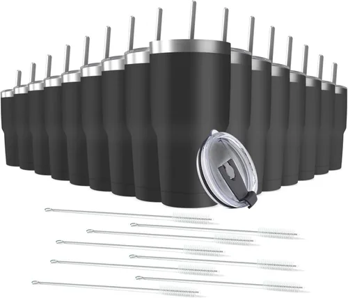 Miniatura 8 de Taza de viaje de acero inoxidable de 30 onzas con tapa, paquete de 6 vasos de doble pared aislados al vacío a granel con 6 pajitas, taza de café