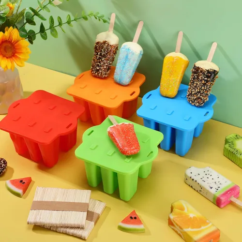 Miniatura 4 de Hoolerry Juego de 4 moldes de silicona para paletas de hielo, moldes reutilizables para helado con 200 palos de madera, máquina de reventar de fácil