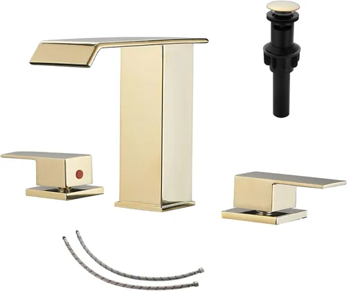 Miniatura 11 de Grifo de baño cromado con cascada de 3 agujeros, 2 manijas, polisehd, cascada cromada, moderna, con drenaje desplegable Cromo