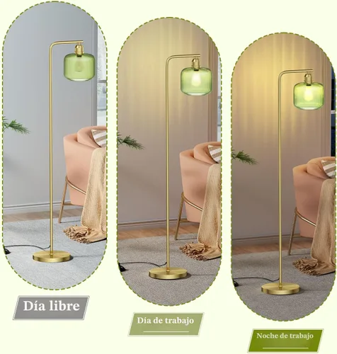 Miniatura 2 de Lámpara de pie de cristal para sala de estar, moderna lámpara de pie con pantalla de vidrio acanalado verde e interruptor de pedal, lámpara de pie
