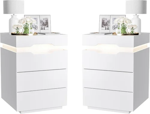 Miniatura 9 de YESHOMY Mesita de noche con luz LED y estación de carga, mesa auxiliar con 2 cajones, mesita de noche con gran capacidad, para dormitorio, juego