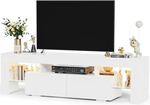 Miniatura 11 de YESHOMY Soporte de TV LED moderno negro para televisores de hasta 70 pulgadas con estantes de vidrio y cajón, centro de entretenimiento