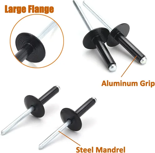 Miniatura 2 de ISPINNER 100 remaches ciegos de aluminio con brida grande de 3/16 x 3/4 pulgadas, remaches de agarre de 0.551-0.630 in (negro)