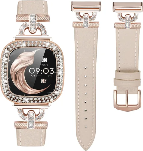 Correa de cuero compatible con Fitbit Sense 2/Versa 4 para mujeres, elegante correa de cuero con hebilla metálica en forma de D con strass con funda