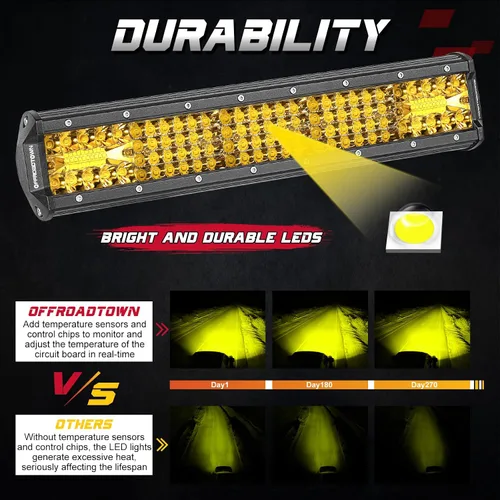 Miniatura 3 de Barra de luz LED amarilla, Offroadtown de 15" 224W, cuatro filas, combo de foco y reflector, luz LED de conducción para trabajo, luces amarillas