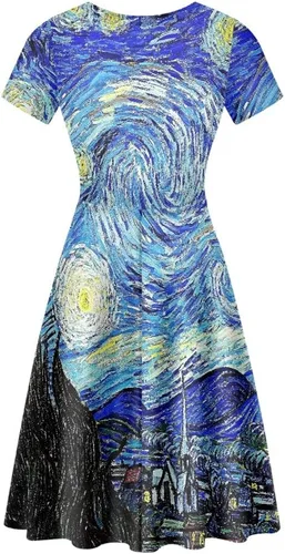 Miniatura 2 de GLUDEAR Vestido casual de verano con estampado 3D de Van Gogh de manga corta para mujer