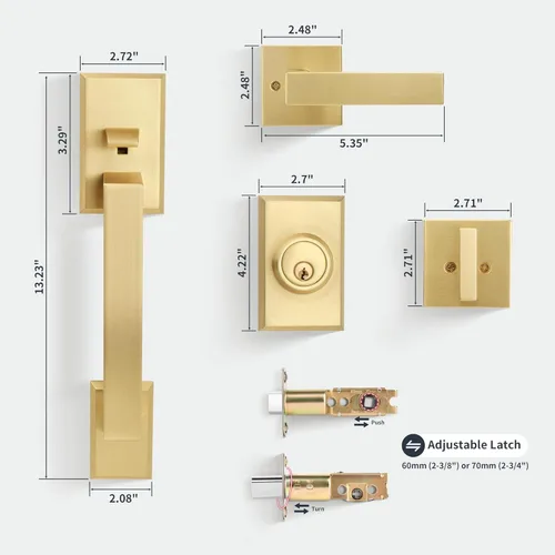 Miniatura 5 de Juego de manijas de puerta delantera de color dorado cepillado, juego de cerradura de puerta exterior con cerrojo de un solo cilindro, reversible