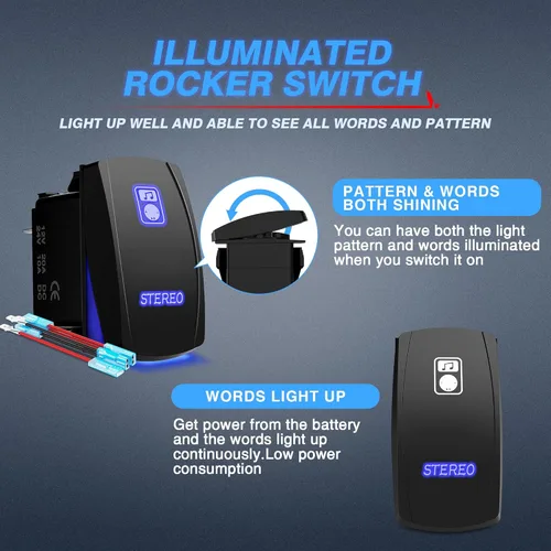 Miniatura 3 de MICTUNING LS083601JL - Kit de interruptor basculante estéreo láser, luz LED de encendido/apagado, 20A 12V, azul