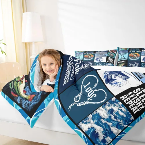 Miniatura 6 de Manfei Go Fishing Juego de edredón tamaño King para niños, juego de ropa de cama con diseño geométrico de peces de bass y rombos, decoración