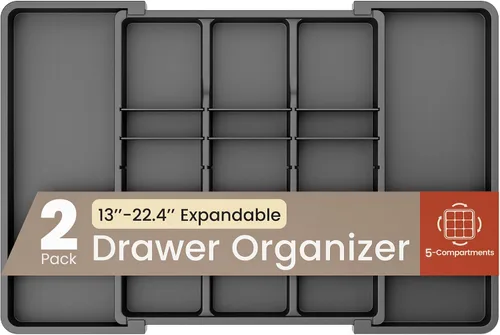 Miniatura 12 de Organizador de cajones de utensilios expandible negro, 1 paquete, ajustable de 13 a 22.4 pulgadas, organizador de cubiertos de 5 compartimentos