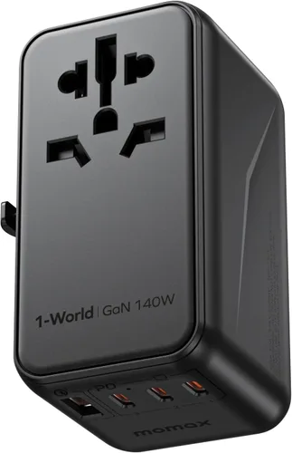 Miniatura 12 de MOMAX Adaptador de viaje universal 7 en 1, adaptador de enchufe de viaje europeo GaN 45W para iPhone 17, 3 USB-C PD y 2 USB-A QC, 2 AC, adaptador