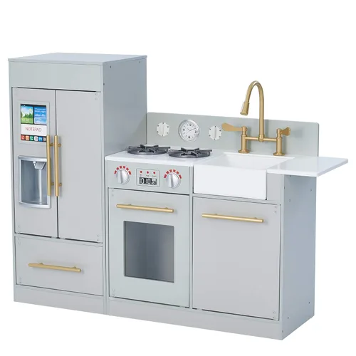 Teamson Kids Little Chef Charlotte - Cocina Moderna Modular Interactiva de Madera para Jugar con Refrigerador, Estufa y Lavabo en Gris con Acentos