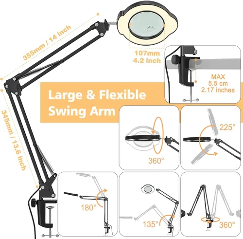 Miniatura 5 de Lupa con luz y abrazadera, lámpara de aumento de escritorio de 15X 10X, lupa de lente de cristal real de 84 LED, 5 modos de color regulable sin