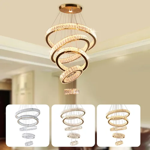 Miniatura 7 de Lámpara candelabro LED de cristal grande, moderna de 5 anillos, luz colgante ajustable para dormitorio, comedor, cocina (blanco cálido).