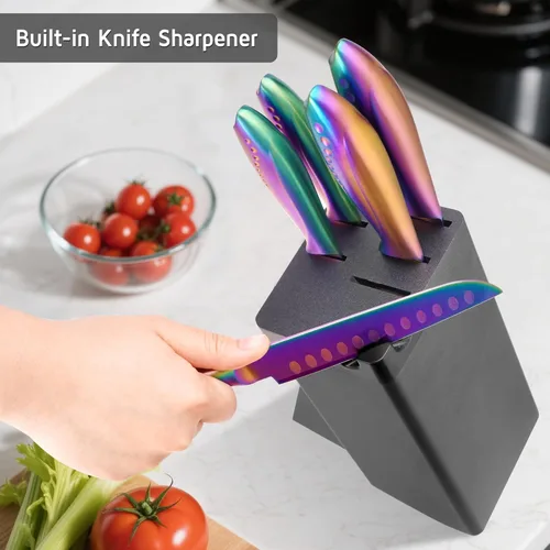 Miniatura 6 de WELLSTAR Juego de cuchillos arcoíris de 8 piezas, juego de cuchillos de cocina de acero inoxidable alemán iridescente con bloque de madera, Juego