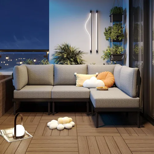Miniatura 7 de Sundale Outdoor Juego de 4 piezas de muebles de metal para patio, sofá seccional para exteriores con cojín de olefina de 6 pulgadas, modernos