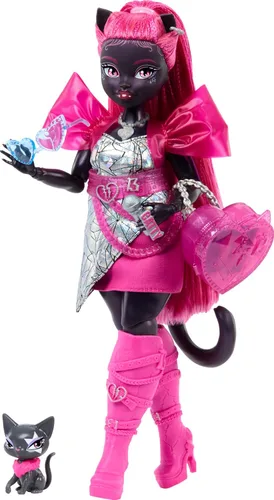 Muñeca Monster High Catty Noir con gato mascota Amulette y accesorios como mochila, libro de música, micrófono y más