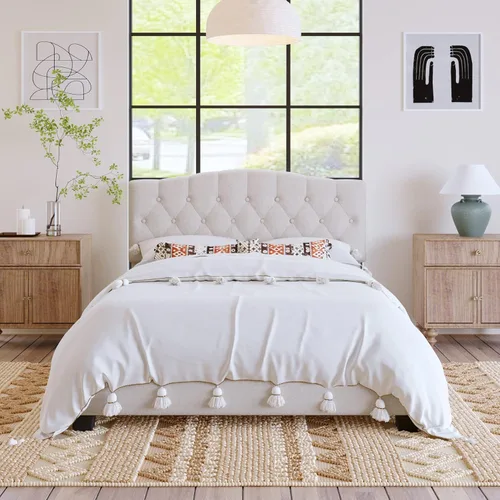 Merax Cama de plataforma tapizada de lino tamaño Queen con cabecera curvada ajustable, acolchado de diamante, listones de madera, soporte de metal,