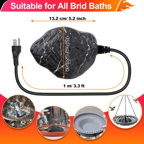 Miniatura 4 de Saillong Descongelador de baño para pájaros, roca calentada, sumergible de 80 W, calentador de agua de invierno controlado termostático con base