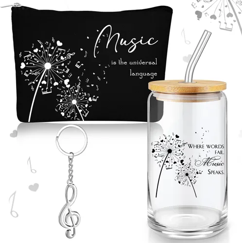 Sieral Regalos para amantes de la música para mujeres, regalos para profesores de música, taza de cristal, bolsa musical con cremallera, llavero