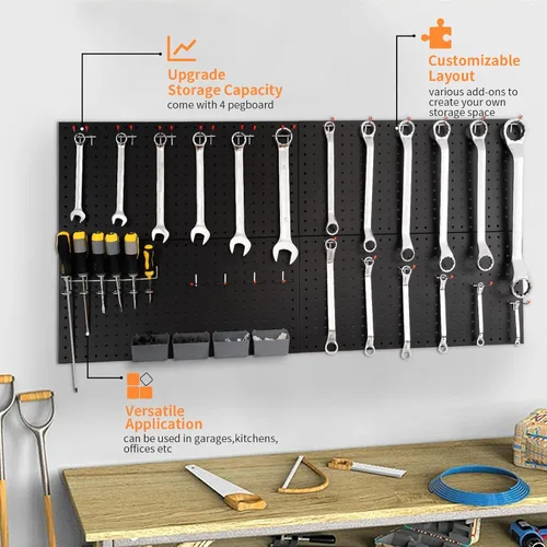 Miniatura 6 de Tablero de clavijas para pared de 48x24 pulgadas con 63 piezas de accesorios de ganchos, organizador de pared negro para garaje, paneles de tablero