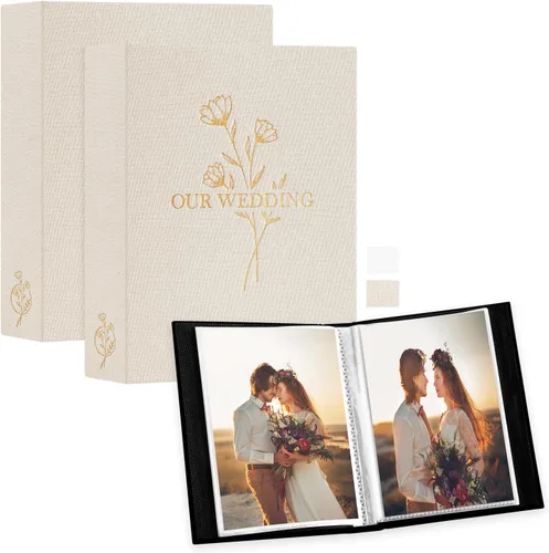 Lanpn Álbum de Fotos de Boda 4x6 pulgadas 2 Paquetes, Cada Paquete Contiene 50 Fotos, Bolsillos Deslizantes Mini Álbumes de Fotos de Boda de Lino de
