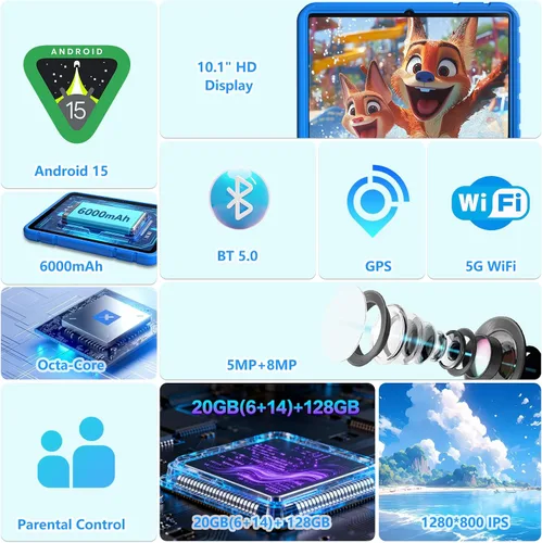 Miniatura 2 de NRKDUBQ 2025 Última Tablet de 10.1 Pulgadas para Niños Android 15 con Estuche Protector EVA Tablets para Niños con 20GB RAM 128GB Almacenamiento
